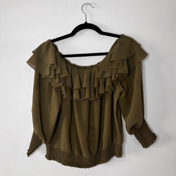 MISA Los Angeles Women’s Ruffle Off Shoulder Blouse Olive Green Size Small - Picture 1 of 16